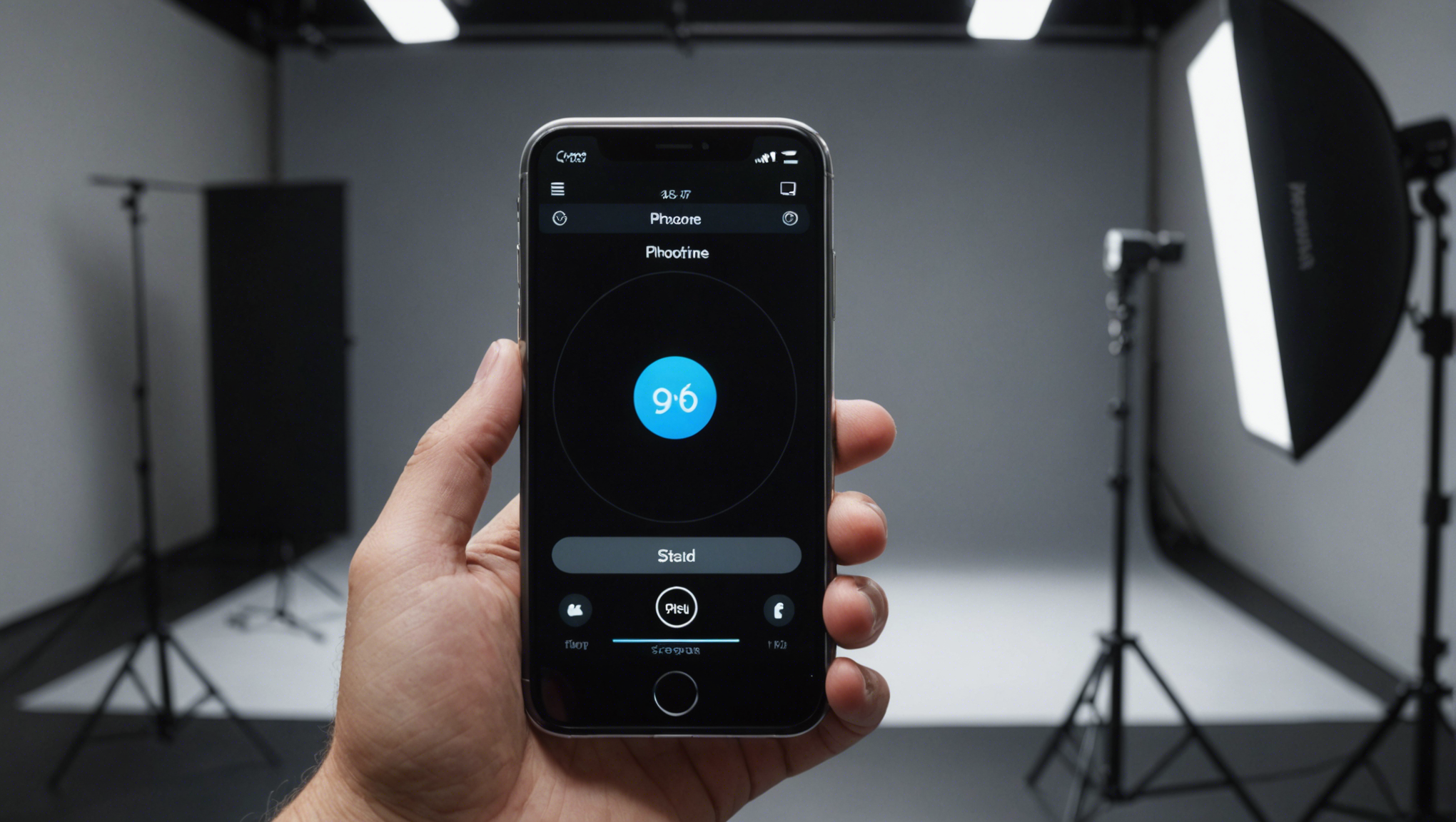 Крупный план iPhone в профессиональной фотостудии, показывающие настройки вспышки.