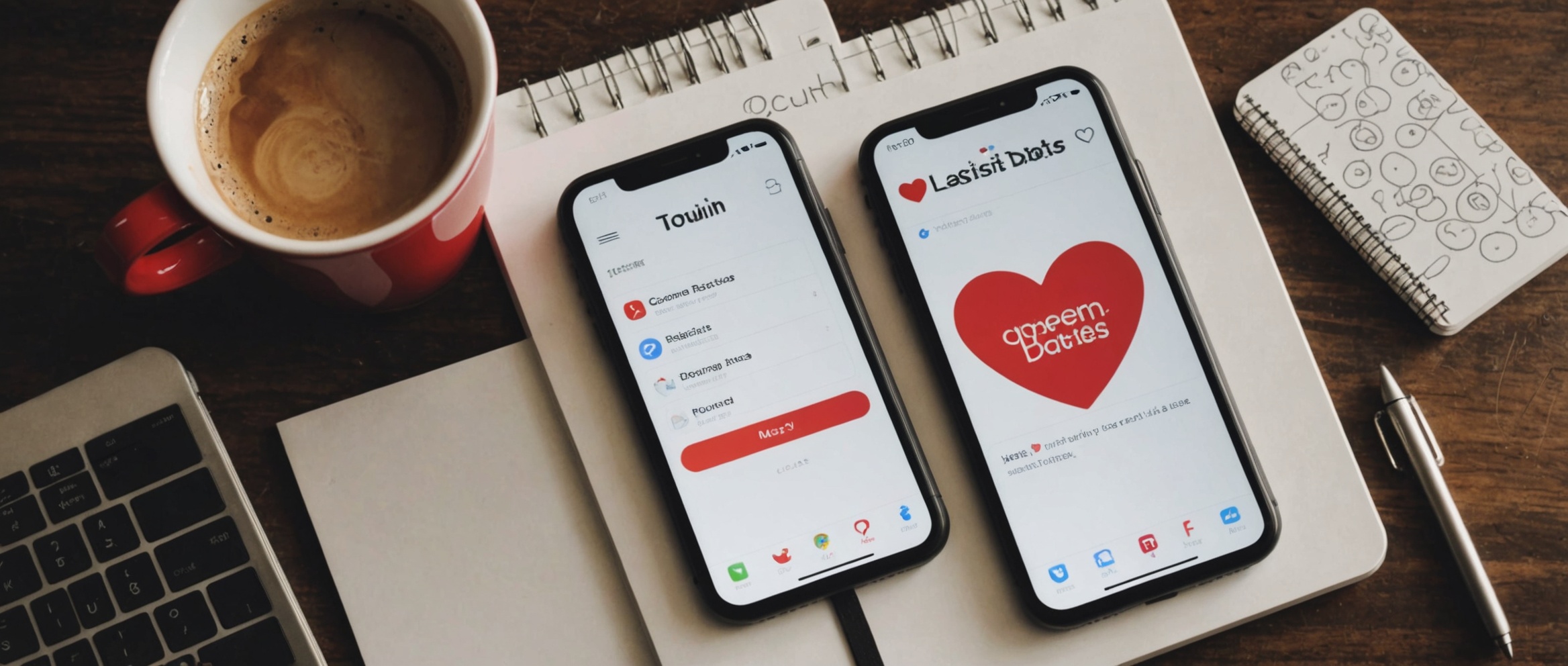 Художественный снимок iPhone, расположенного на стильном рабочем месте: открытое приложение для знакомств на фоне современного ноутбука и блокнота, наполненного рисунками и заметками о первых свиданиях.