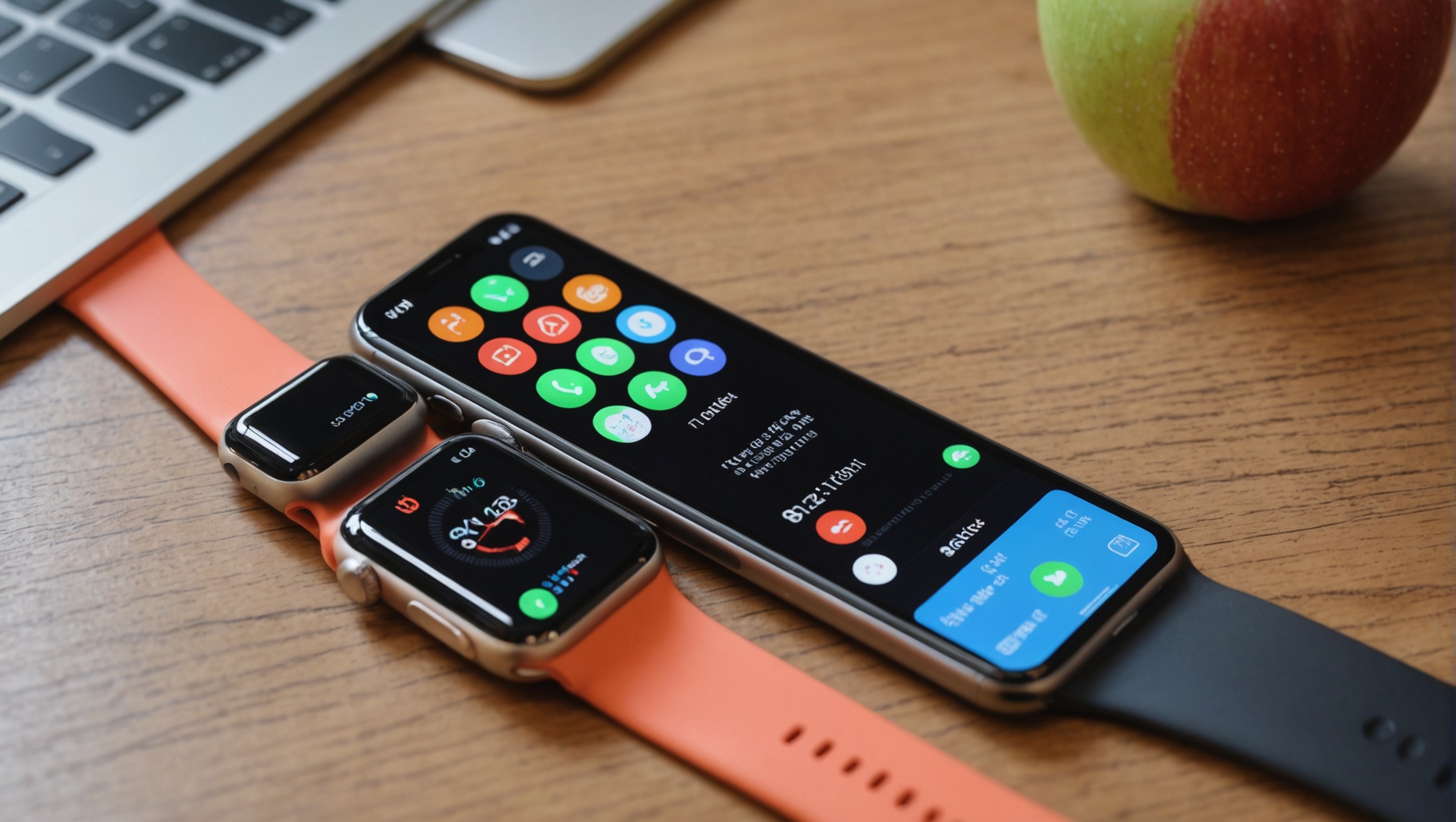 Художественное изображение Apple iPhone и Apple Watch, сидящих рядом на минималистском деревянном столе.