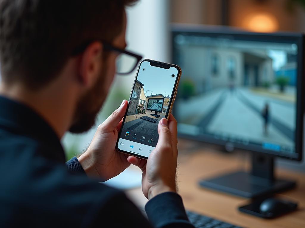 Мужчина в очках фотографирует улицу на смартфон, монитор в фокусе позади.