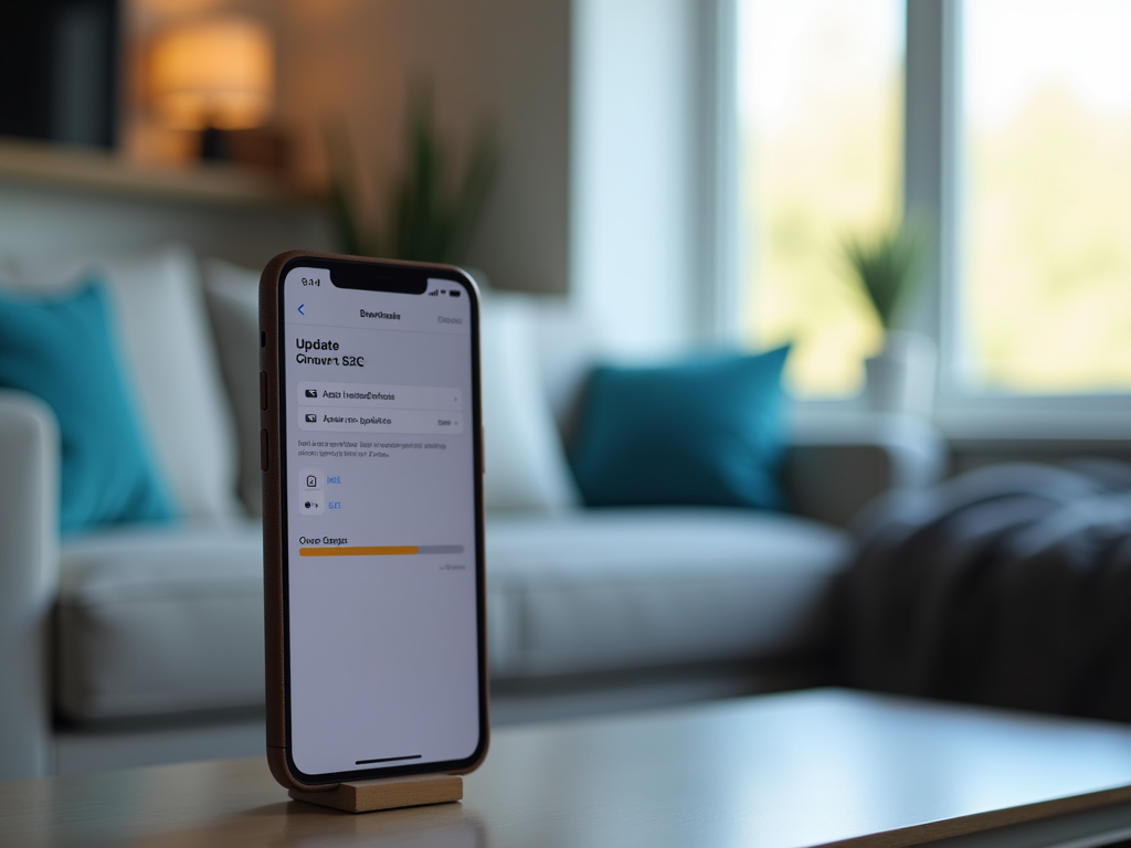 Смартфон на подставке отображает экран обновления ПО в уютной гостиной.